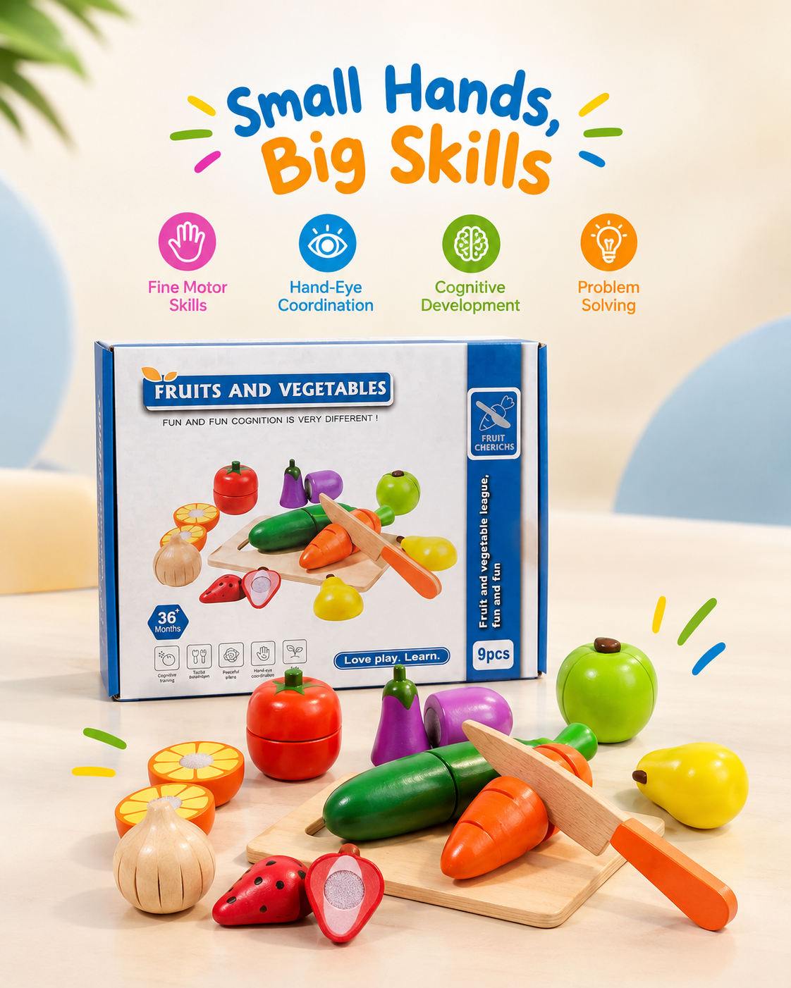 Wooden Fruits & Vegetables Cutting Set (9 Pcs)