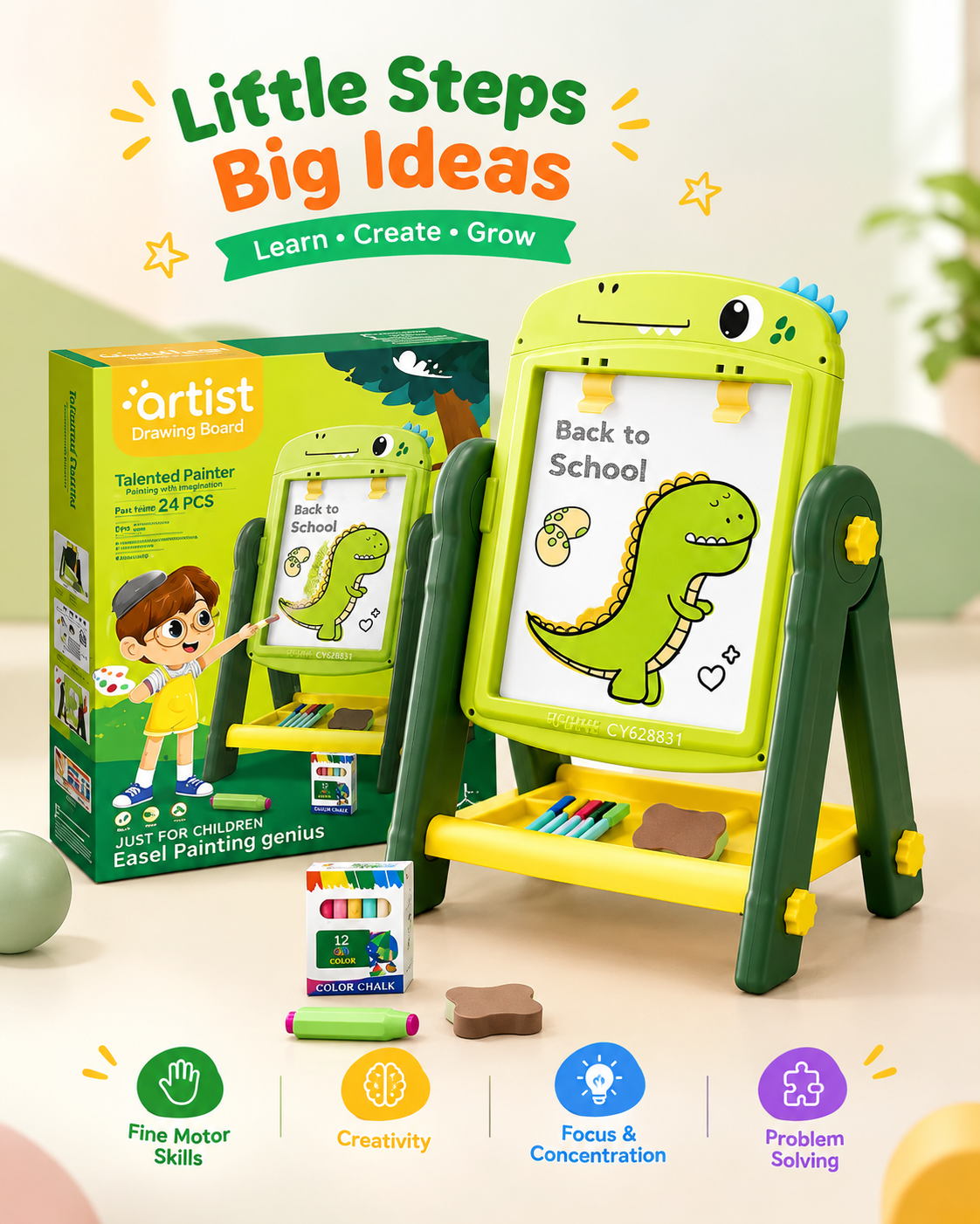 Kids Dual-Sided Magnetic Art Easel Drawing Board with Accessories